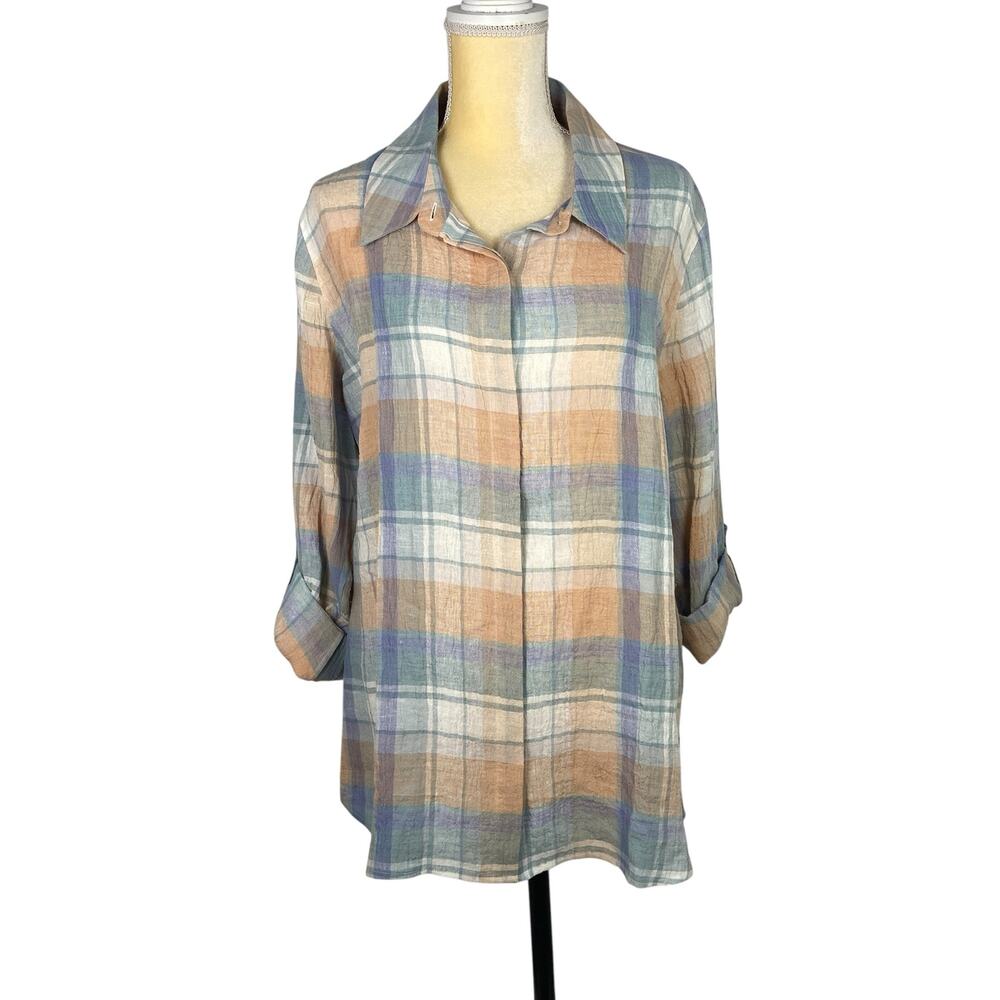 Soft Surroundings 100% Linen Tunic Plaid Button Up Multicolor Top Size 1X